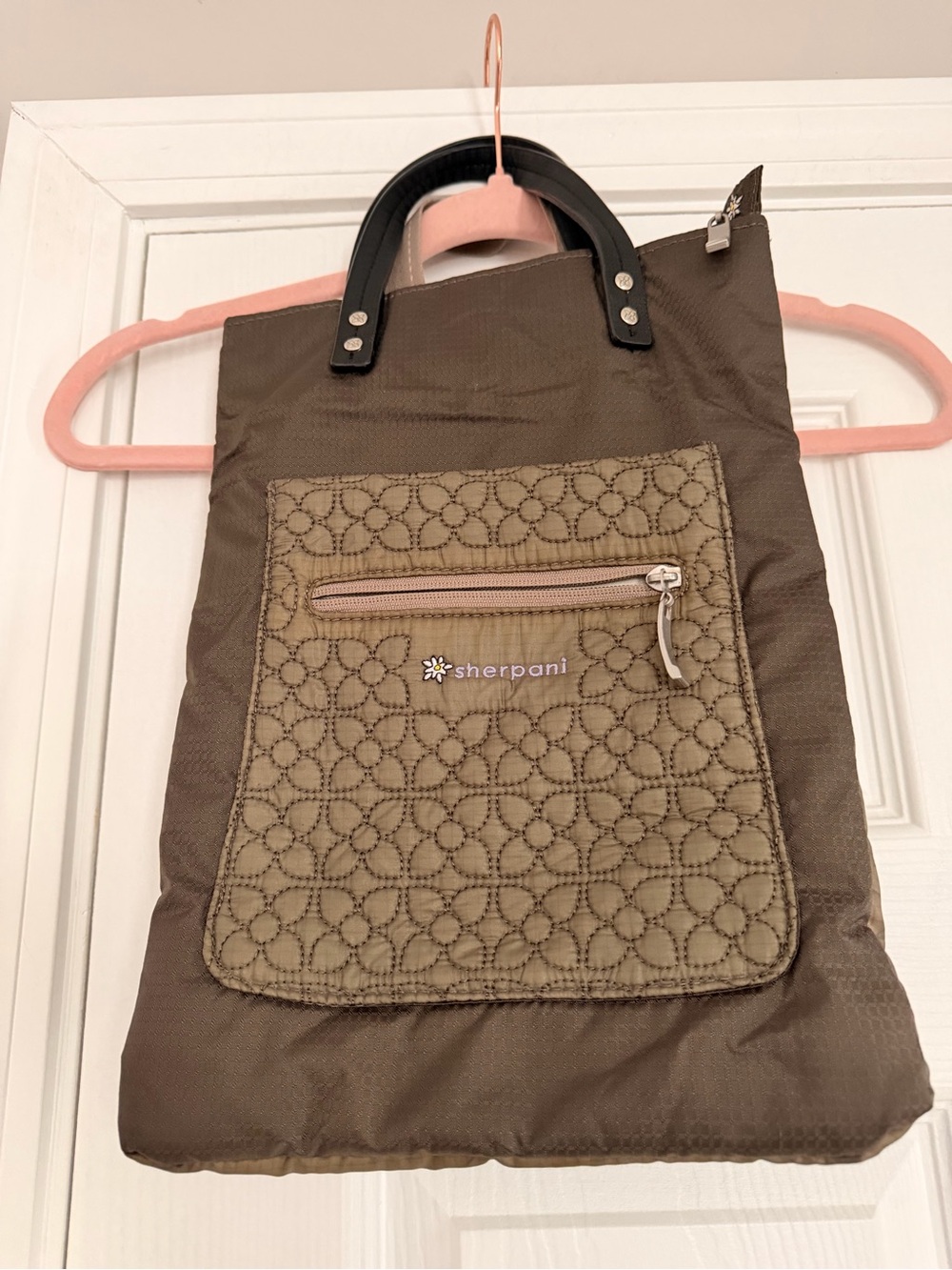 Sherpani Olive Quilted Front Pocket Tote with Black Handles